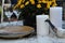 Outdoor fall table display with candles, ceramics, glasses, plant