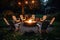 Outdoor fire pit in the backyard with lawn chairs seating on a late summer night created by generative AI