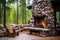 an outdoor fireplace at secluded forest cabin