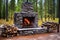 an outdoor fireplace at secluded forest cabin