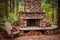 an outdoor fireplace at secluded forest cabin