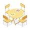 Outdoor Food Court Area for Self-serve Dinner with Wooden Table and Chair Isometric Vector Illustration