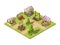 Outdoor food market. Isometric local farm grocery marketplaces with vegetables fruits meat and fish farmers country