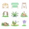 Outdoor garden furniture set, arch trellis, plants, stuff and relaxing backyard objects in cartoon style. Vector illustration