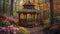 outdoor gazebo retreat, a charming gazebo surrounded by tall trees and colorful blooms, providing a tranquil escape to
