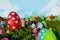 outdoor grass field with multicolor many more easter eggs with a blue sky background