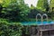 Outdoor in ground residential swimming pool in backyard with hot tub and many green plants