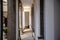 Outdoor hallway beside yard with carved marble Roman round pillar