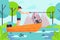 Outdoor hobby male character fisherman hold fishing rod, man with dog relax in boat flat vector illustration, nature