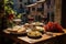 Outdoor Italian banquet: pasta, cheeses and wine in Vila Picturesque., generative IA