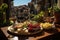 Outdoor Italian banquet: pasta, cheeses and wine in Vila Picturesque., generative IA