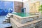 Outdoor jacuzzi with stone carving wall