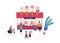 Outdoor kiosk with ice cream vector flat illustration. Happy man, woman, children and parent walking near stall with