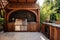 Outdoor Kitchen With Grill and Sink, Functional, Front view of an outdoor BBQ area with an arched gazebo, stainless steel BBQ,
