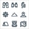 outdoor line icons. linear set. quality vector line set such as map, bag, camp, location, mountain, compass, hiking, binoculars