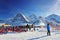 Outdoor lounge on winter sport resort in swiss alps highlands