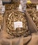 outdoor market bench; box on display with sackcloth full of dried porcini mushrooms. Selection of the fungus called chestnut head