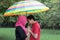 Outdoor muslim asian couple in the rain