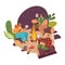 Outdoor night party with bonfire, male and female characters backpackers, travel and trip vector illustration, isolated