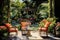 Outdoor patio with chair and table in the garden. Vintage style, luxurious garden painting with elegant outdoor furniture, AI