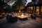 An outdoor patio with a fire pit, comfortable seating, and beautiful landscaping.