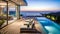 Outdoor patio and small pool in a modern residential building in the evening with lighting and ocean view,