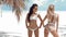 Outdoor photo of sexy bikini girls models in fashion swimsuits on tropical beach at Maldives island. Slim ladies with ten shapely