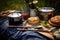 outdoor picnic setting with dutch oven cobbler