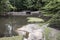 An outdoor pond with a heart shaped land in the middle of the pond