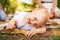 Outdoor portrait of a baby on all fours. crawling on knees child