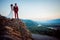 Outdoor Portrait Beautiful Stylish Newlywed Couple Holding Hands Standing Mountains Rock Landscape River Forest Sunset