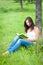 Outdoor portrait of a cute reading teen