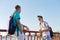 Outdoor portrait of two friends teenagers boys 15, 16 years old, laughing, talking