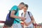 Outdoor portrait of two talking boys teenagers 15, 16 years old