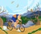 Outdoor recreation, character male on bike ride, national park, lake, forest, place for sport activities, cartoon vector