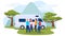Outdoor recreation, character people rest, national park, motorhome, camping site, flat vector illustration. Human male