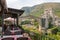 Outdoor restaurant with a view at Stari Most bridge in old town of Mostar, Bosnia and Herzegovina