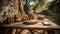 Outdoor rustic table with cheese, wine and olive oil in an italian scenery. food. traditional food. picnic. Table with plates and