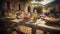 Outdoor rustic table with cheese, wine and olive oil in an italian scenery. food. traditional food. picnic. Table with plates and