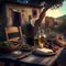 Outdoor rustic table with cheese, wine and olive oil in an italian scenery.generative ai