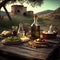 Outdoor rustic table with cheese, wine and olive oil in an italian scenery.generative ai