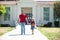 Outdoor school. Father and son walk with father from school. School, family, education and outdoor concept.