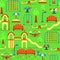 Outdoor seamless pattern with kids playground equipment and bench