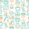 Outdoor seamless pattern with thin line icons: mountains, backpack, uncle boots, kettle, axe, map, swiss