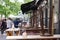 Outdoor seats lay on table for reopening restaurant during epidemic of COVID-