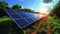 An outdoor shot of a solar panel array on a roof with the sun shining down and powering the home. The caption reads