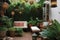 outdoor space with potted plants, lanterns, and cozy seating for private escape