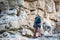 Outdoor sport activity. Professional rock climber AlizÃ©e Dufraisse belayin.Extreme sport climbing. Siurana, Priorat Tarragona, C