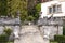 Outdoor steps of Peles Castle with guns on the sides in Sinaia, in Romania