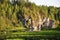 Outdoor summer landscape of the cliff, overgrown with trees by the lake.